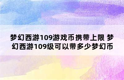 梦幻西游109游戏币携带上限 梦幻西游109级可以带多少梦幻币